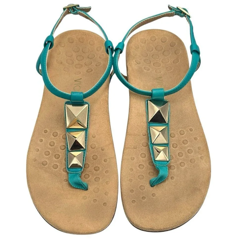Vionic Sandals Nala Flat T-Strap 10.5 ? Studded Turquoise Thong Beach Comfort
